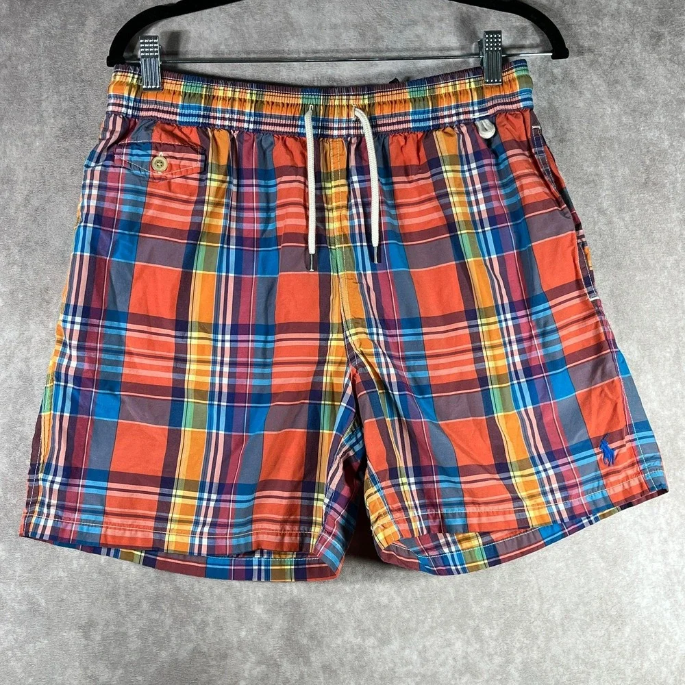 Polo Ralph Lauren Swim Shorts Mens‎ Medium Red Blue Plaid Drawstring Mesh Preppy
